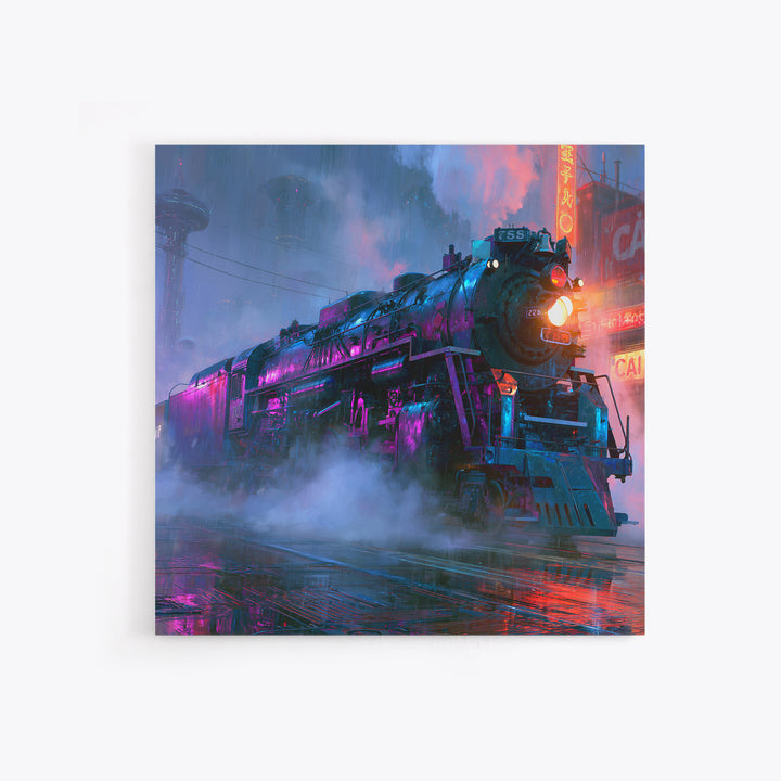 Steam Locomotive Racing Through Fog Framed Canvas Print, Steampunk Art, Statement Artwork, Living Room Decor, Mechanic, STE-1x1-78