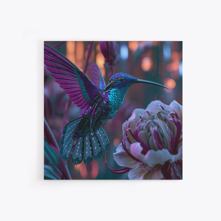 Mechanical Hummingbird Hovering Near Flower Canvas Print, Steampunk Art, Wall Decor, Living Room Decor, Oil Painting, Mechanic, STE-1x1-81