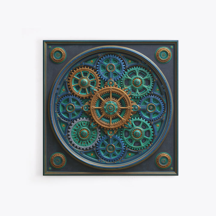Cogwheel Mandala in Bronze and Teal Framed Canvas Print, Steampunk Art, Minimalist Decor, Living Room Decor, Fine Art, Mechanic, STE-1x1-88