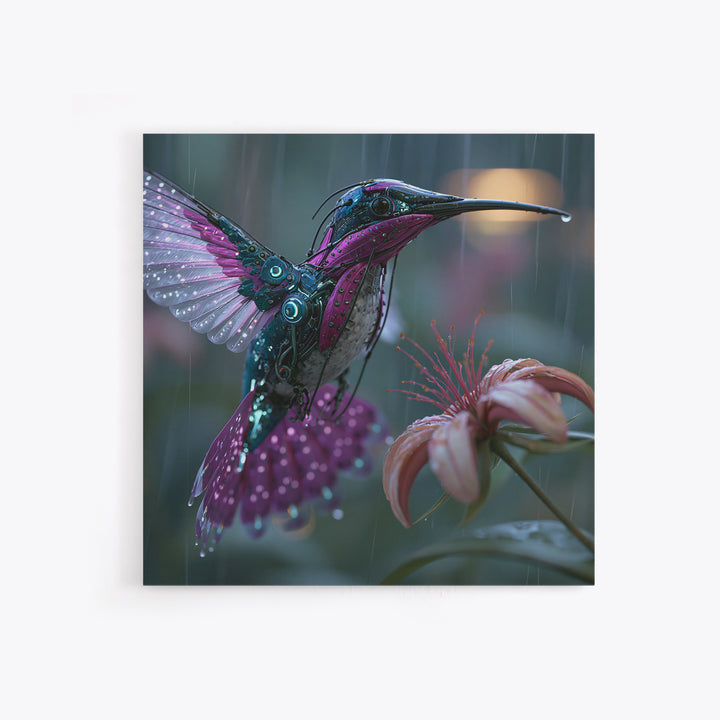 Mechanical Hummingbird Hovering Near Flower Canvas Print, Steampunk Art, Statement Artwork, Living Room Decor, Mechanic, STE-1x1-9