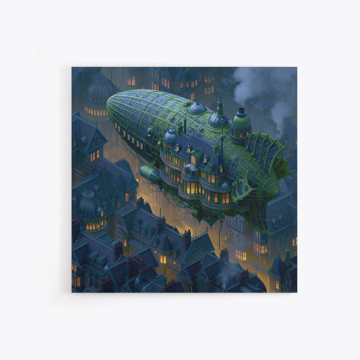 Airship Floating Above Victorian City Roofs Canvas Print, Steampunk Art, Textured Painting, Living Room Decor, Mechanic, STE-1x1-98