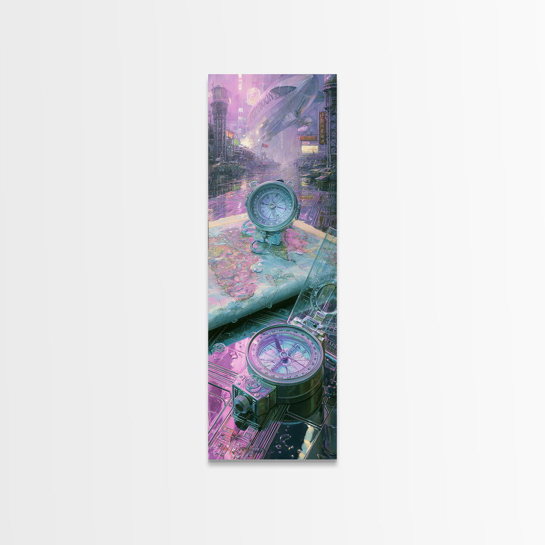 Airship Captain Map and Compass Still Life Framed Canvas Print, Steampunk Art, Dark Art, Living Room Decor, Oil Painting, STE-1x3-30
