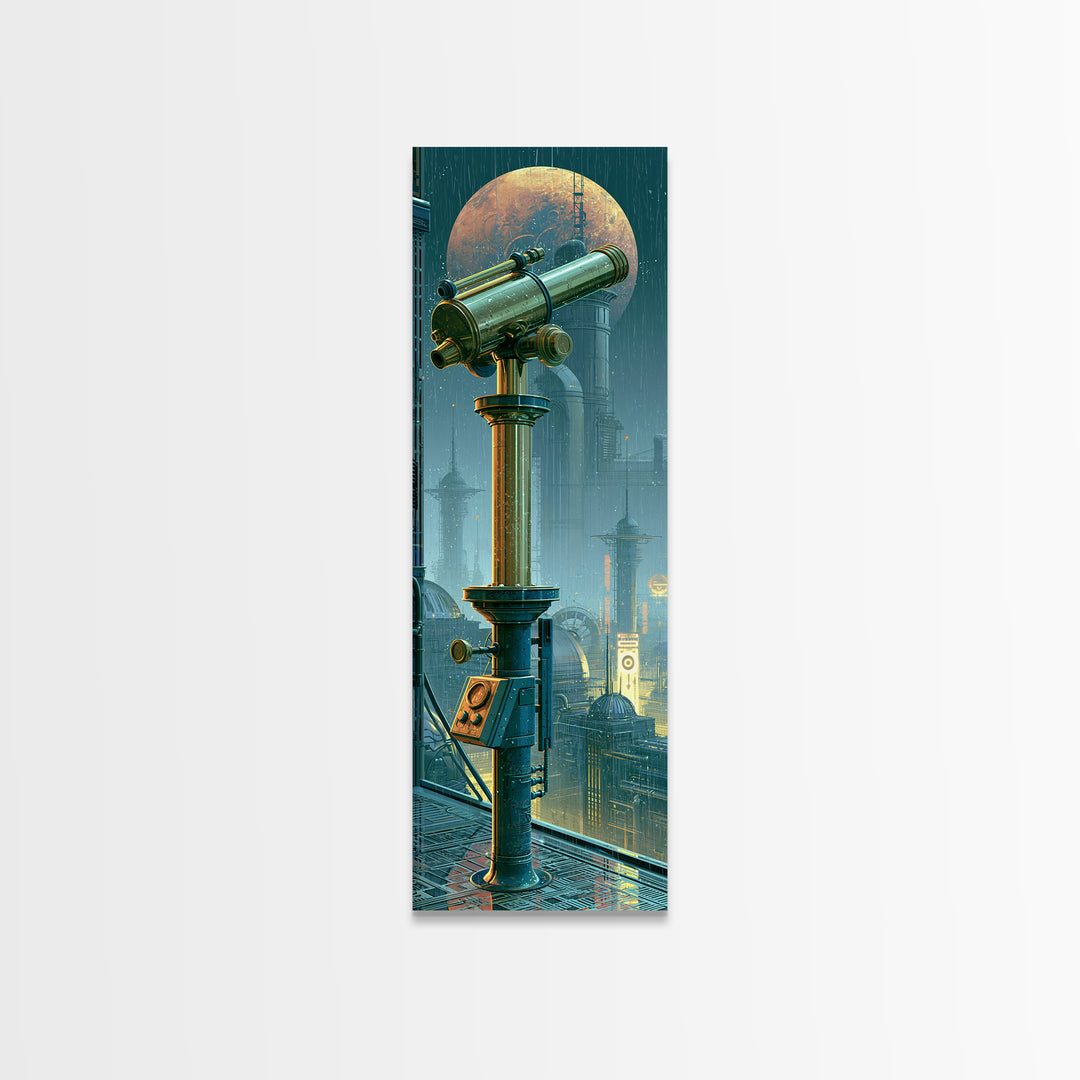 Brass Telescope Aimed at Copper Moon Canvas Print, Steampunk Art, Canvas Art, Living Room Decor, Abstract Art, Mechanic, STE-1x3-60