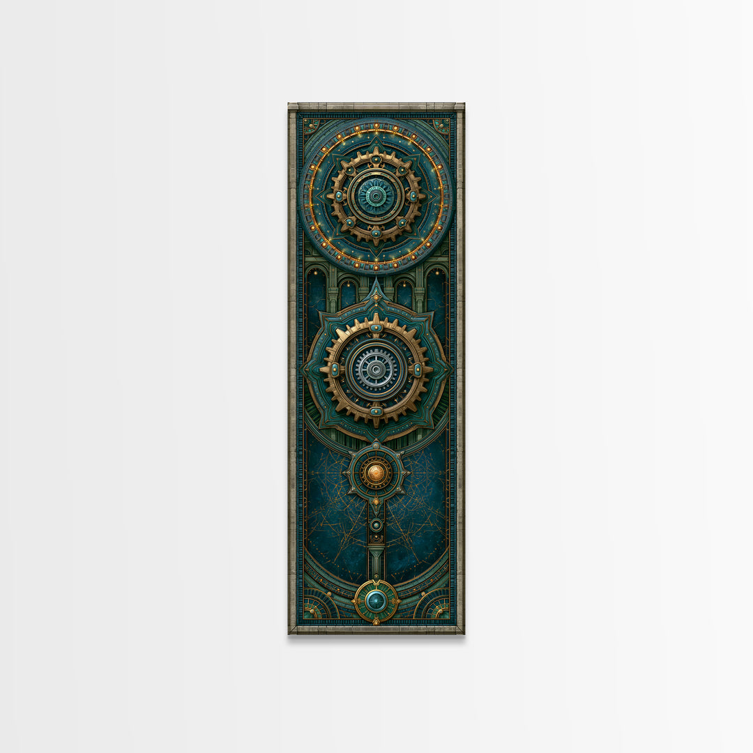 Cogwheel Mandala in Bronze and Teal Framed Canvas Print, Steampunk Art, Cat Art, Living Room Decor, Oil Painting, Mechanic, STE-1x3-76