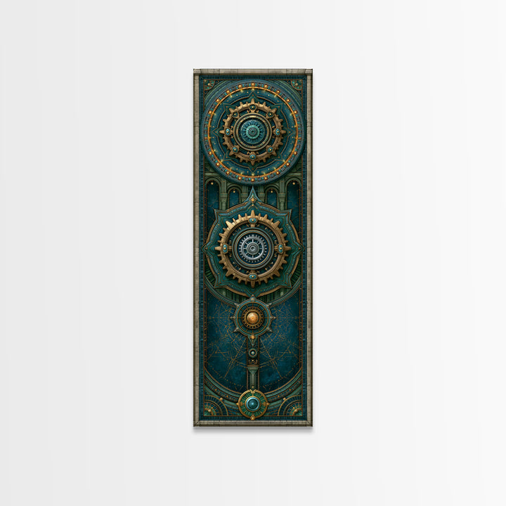 Cogwheel Mandala in Bronze and Teal Framed Canvas Print, Steampunk Art, Cat Art, Living Room Decor, Oil Painting, Mechanic, STE-1x3-76