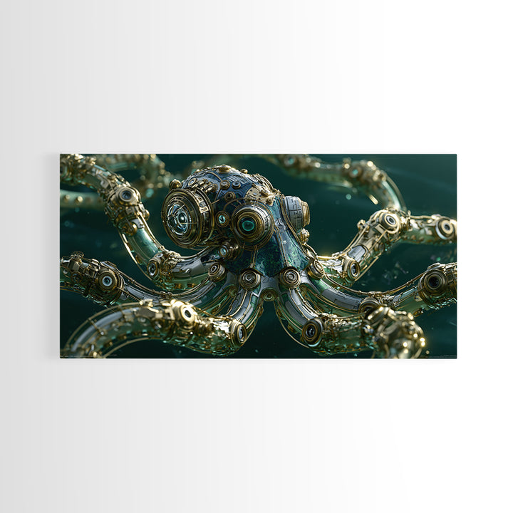 Steampunk Octopus with Brass Tentacles Framed Canvas Print, Steampunk Art, Steampunk, Living Room Decor, Fine Art, Mechanic, STE-2x1-1