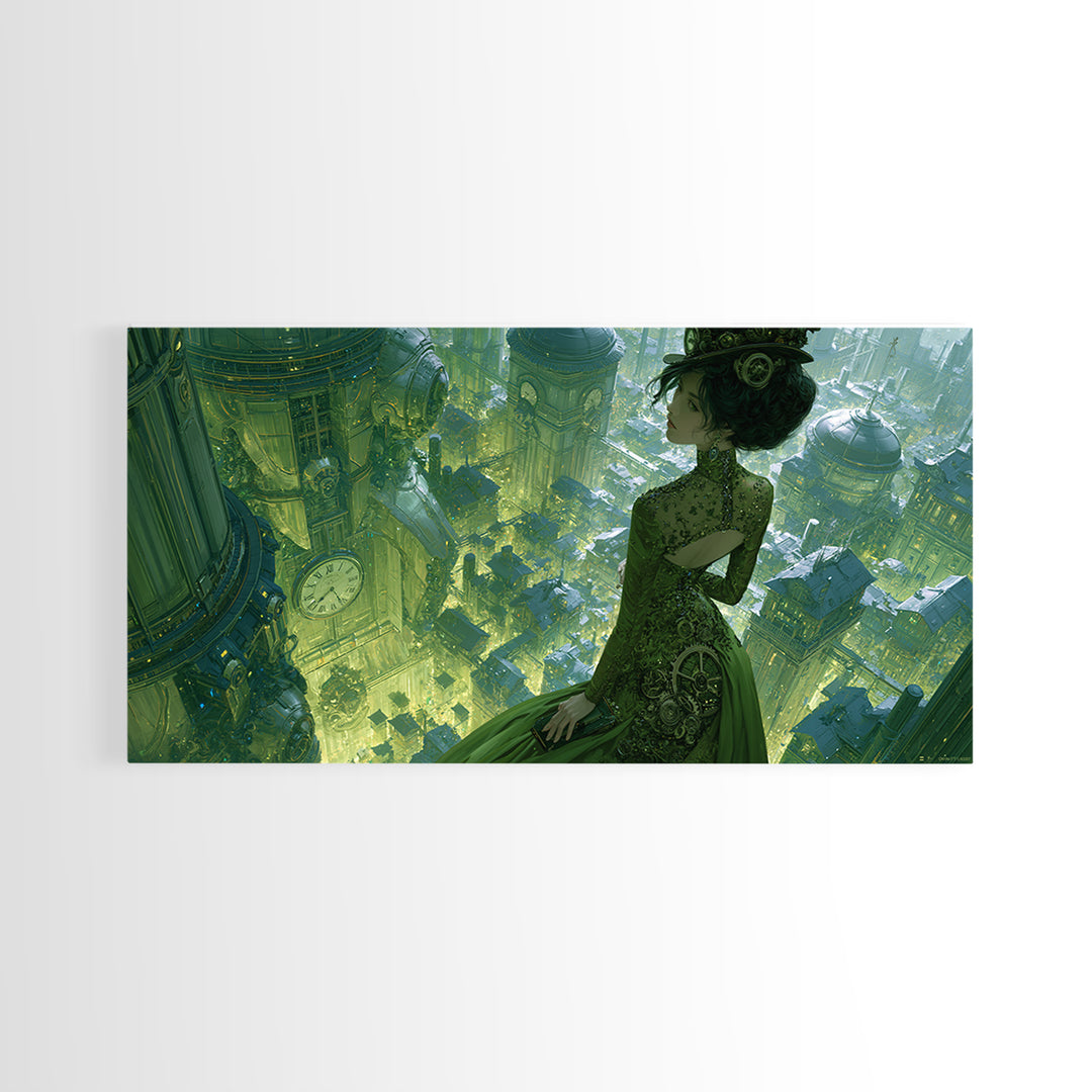 Victorian Lady with Clockwork Dress Details Framed Canvas Print, Steampunk Art, Art Print, Living Room Decor, Mechanic, STE-2x1-13