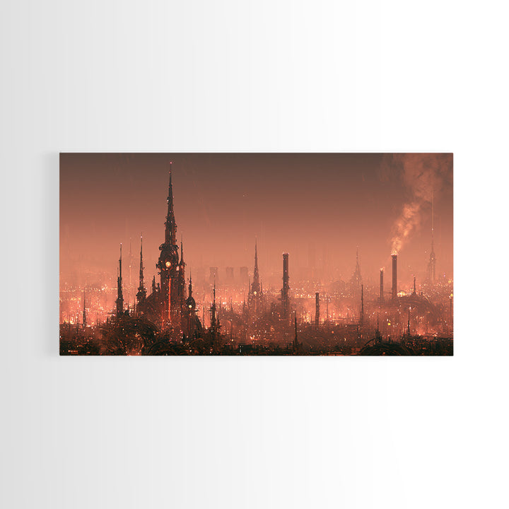 Steam Powered City Skyline Canvas Print, Steampunk Art, Digital Art, Living Room Decor, Abstract Art, Mechanic, Wall Art Print, STE-2x1-17