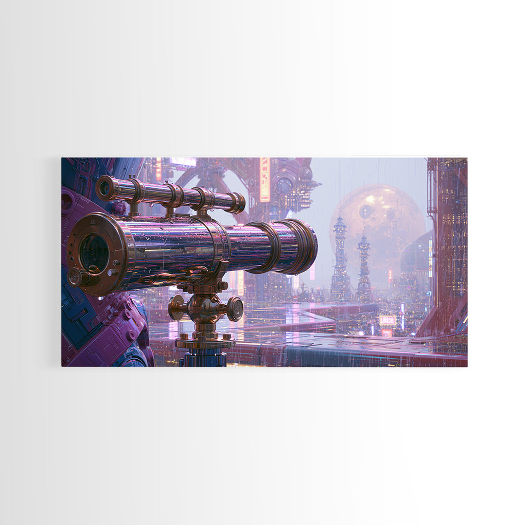 Brass Telescope Aimed at Copper Moon Framed Canvas Print, Steampunk Art, Statement Artwork, Living Room Decor, Mechanic, STE-2x1-20