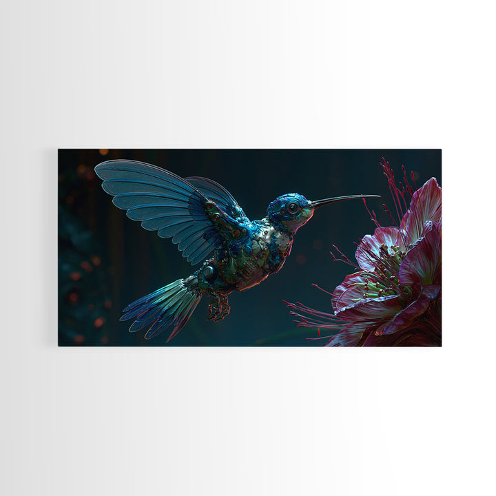 Mechanical Hummingbird Hovering Near Flower Canvas Print, Steampunk Art, Original Art, Living Room Decor, Mechanic, Dark Art, STE-2x1-29