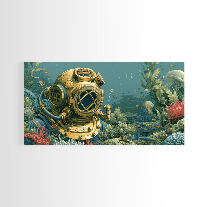 Brass Diving Helmet Canvas Print, Steampunk Art, Wall Art, Living Room Decor, Oil Painting, Mechanic, Ai Art, Digital Print, STE-2x1-32