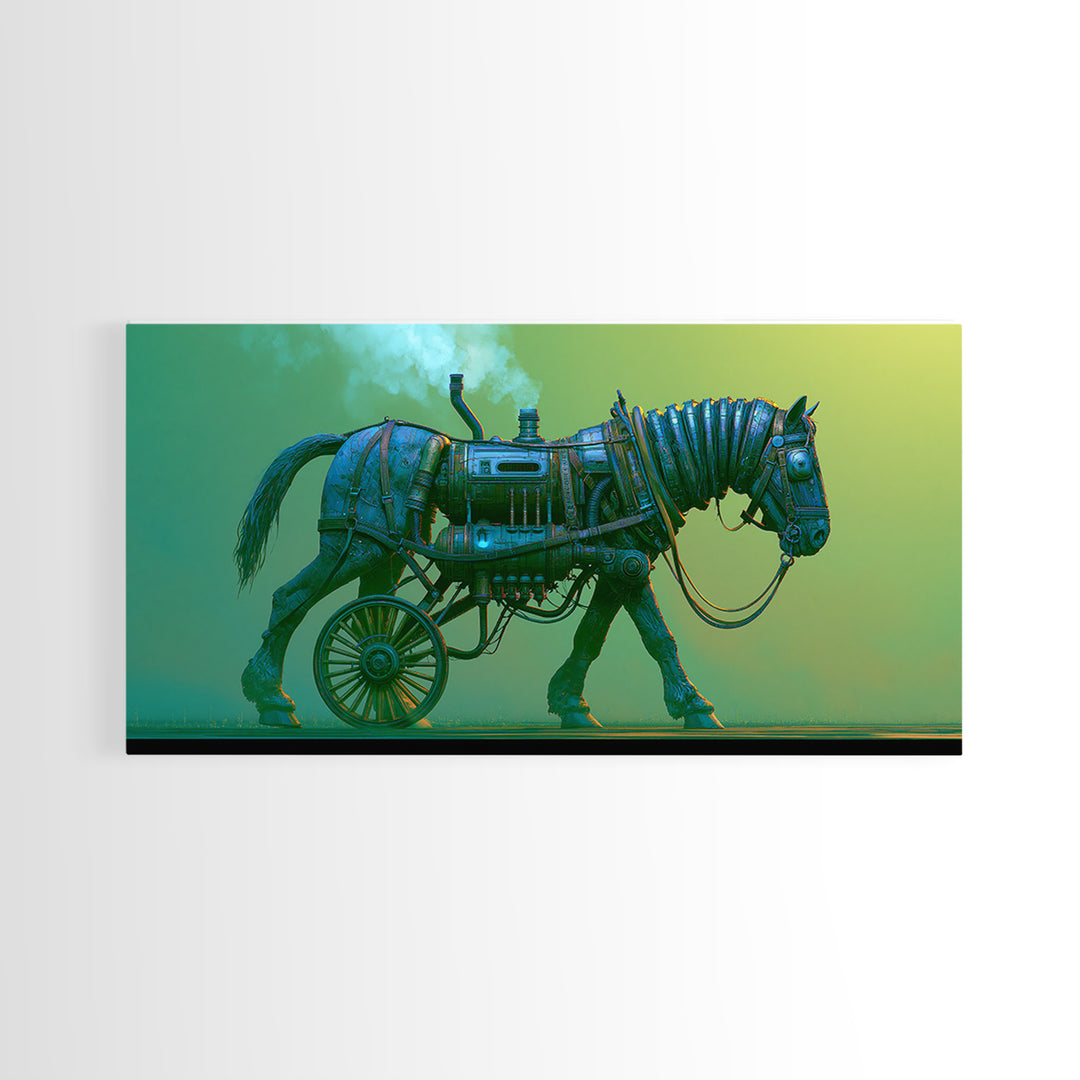 Steam Powered Horse Framed Canvas Print, Steampunk Art, Wall Art, Living Room Decor, Oil Painting, Mechanic, Ai Art, STE-2x1-35
