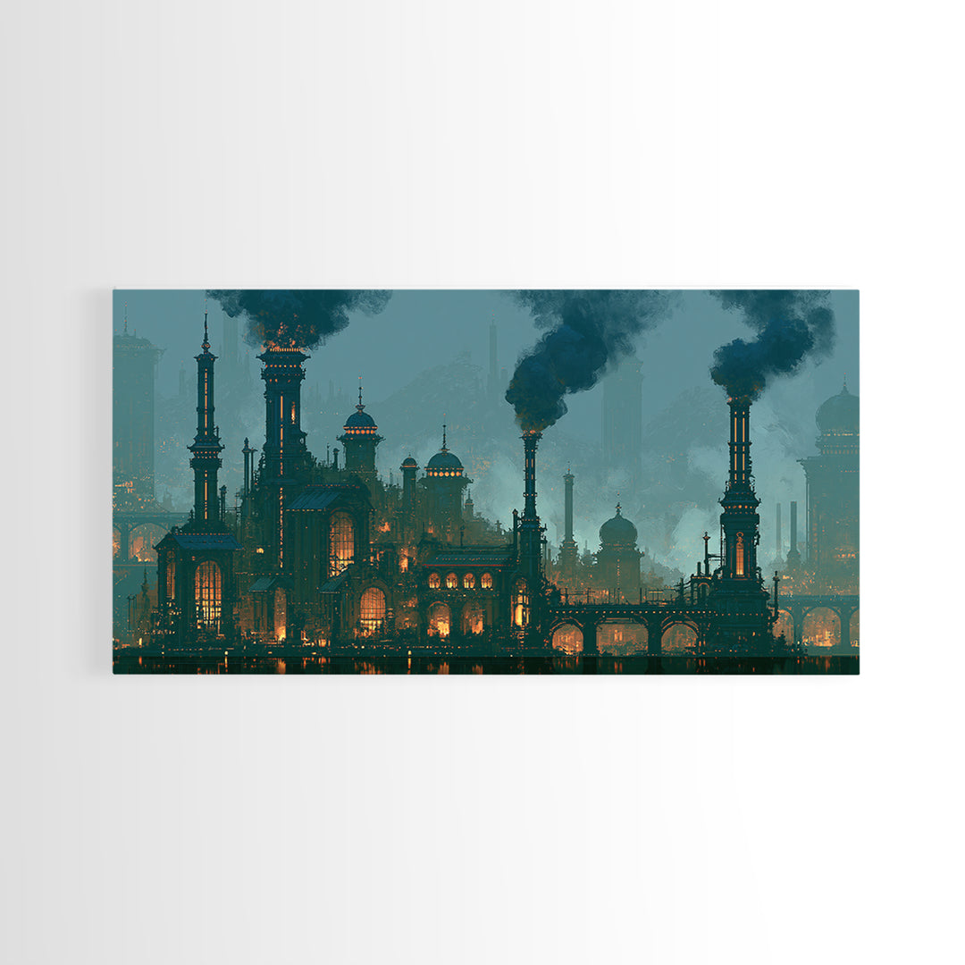 Steam Powered City Skyline Canvas Print, Steampunk Art, Digital Art, Living Room Decor, Abstract Art, Mechanic, Wall Art Print, STE-2x1-41