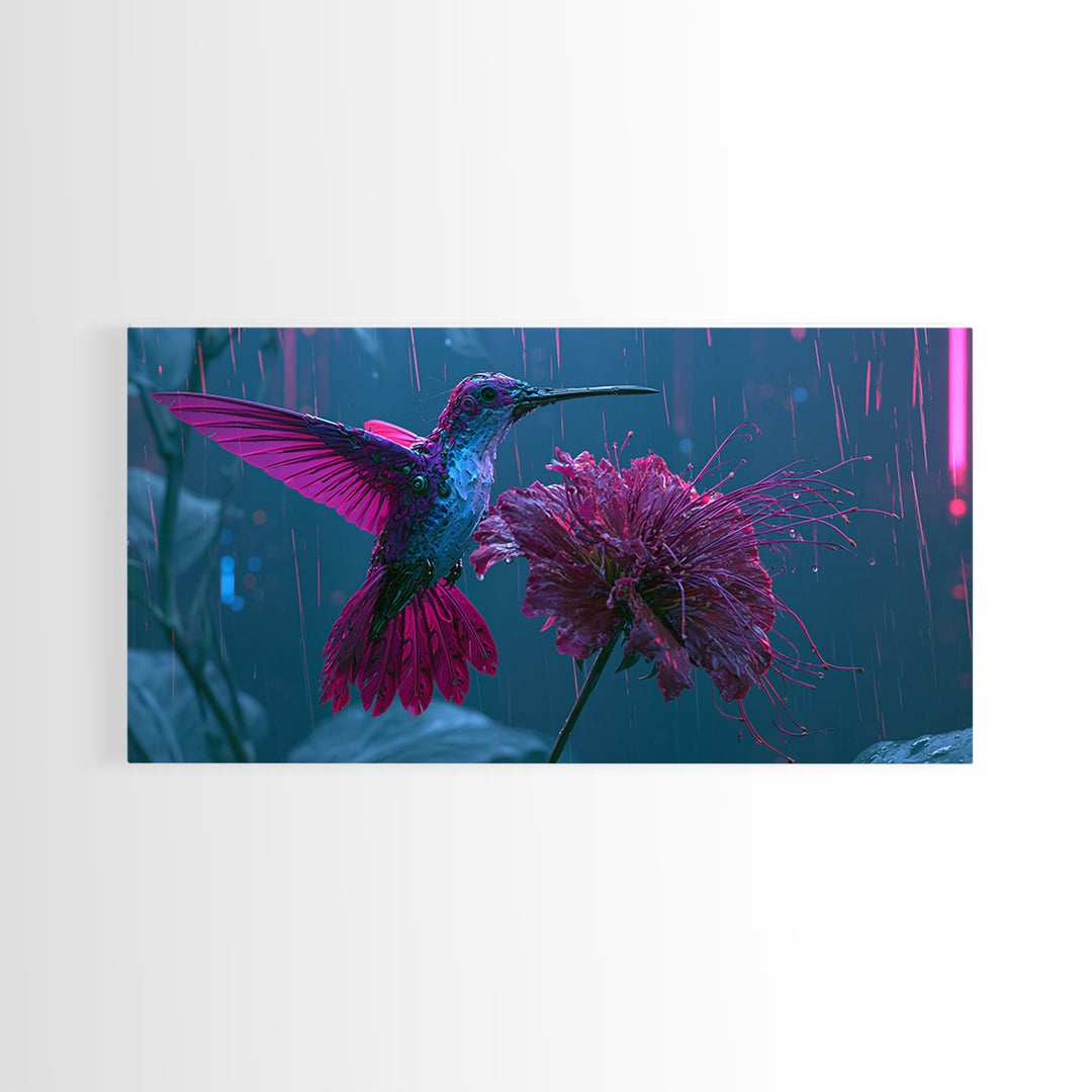 Mechanical Hummingbird Hovering Near Flower Canvas Print, Steampunk Art, Printable Art, Living Room Decor, Watercolor Art, STE-2x1-53
