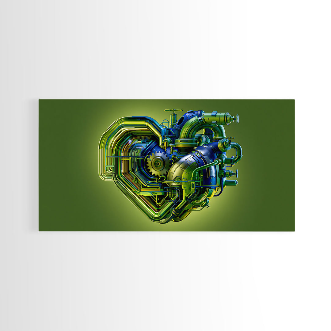 Gear Heart with Pipes and Valves Framed Canvas Print, Steampunk Art, Digital Print, Living Room Decor, Fine Art, Mechanic, STE-2x1-88