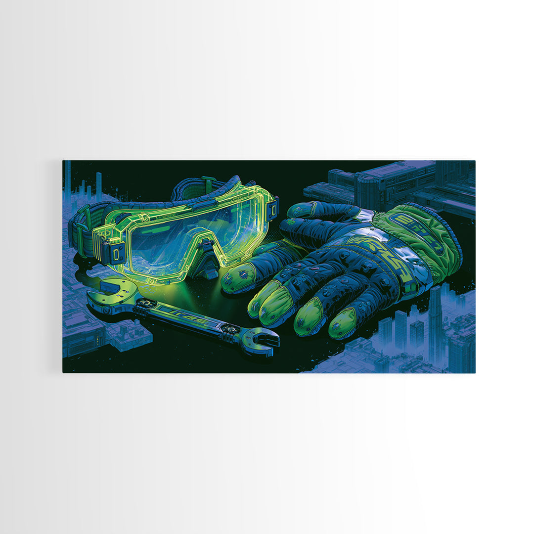 Goggles Gloves and Wrench Still Life Framed Canvas Print, Steampunk Art, Abstract Art, Living Room Decor, Fine Art, Mechanic, STE-2x1-91