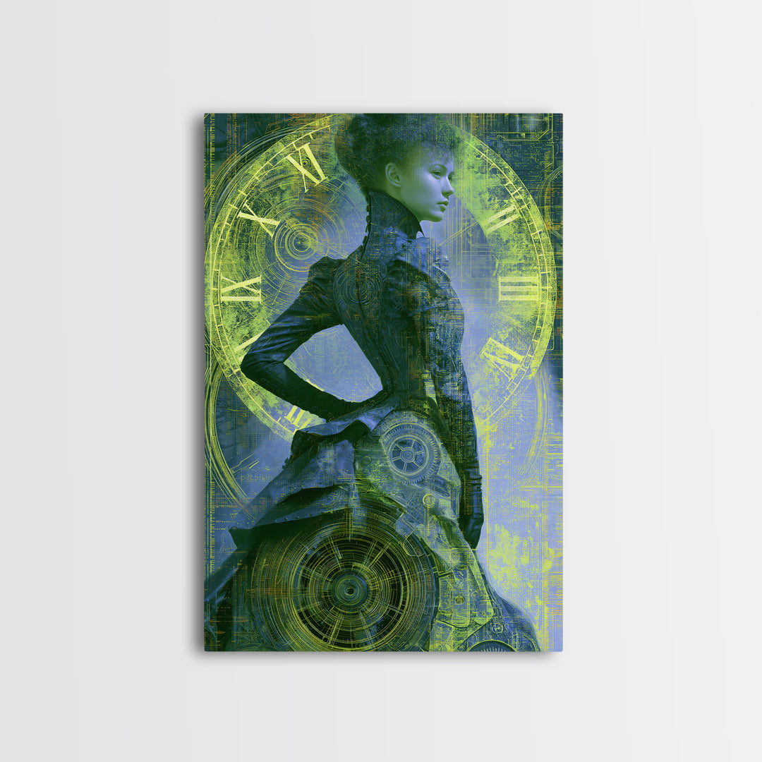 Victorian Lady with Clockwork Dress Details Framed Canvas Print, Steampunk Art, Steampunk, Living Room Decor, Mechanic, STE-2x3-1