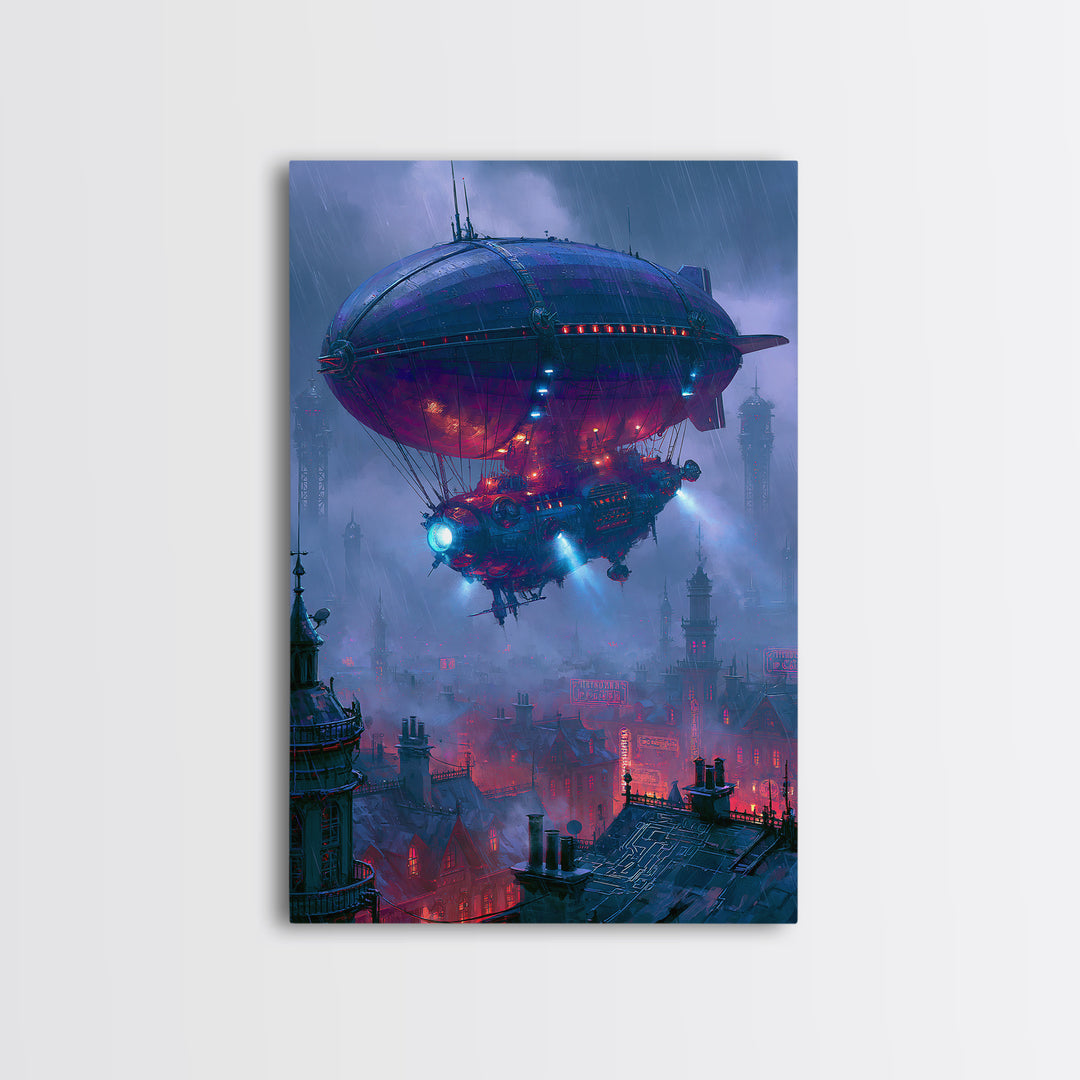Airship Floating Above Victorian City Roofs Canvas Print, Steampunk Art, Contemporary Art, Living Room Decor, Mechanic, STE-2x3-10