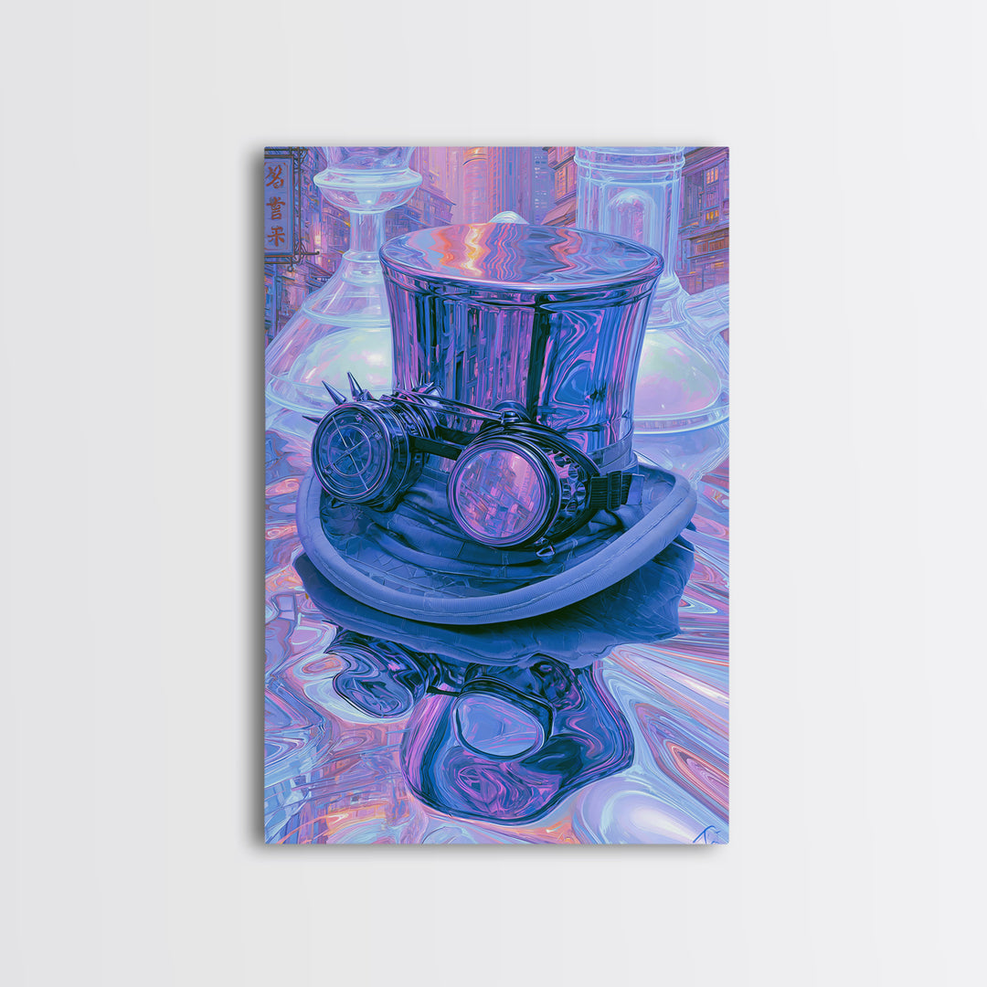 Top Hat and Goggles Still Life Framed Canvas Print, Steampunk Art, Living Room Decor, Oil Painting, Mechanic, STE-2x3-12