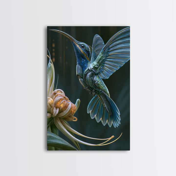 Mechanical Hummingbird Hovering Near Flower Framed Canvas Print, Steampunk Art, Canvas Art, Living Room Decor, Mechanic, STE-2x3-17
