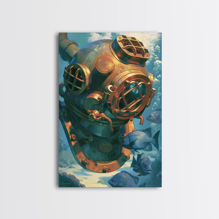 Brass Diving Helmet Framed Canvas Print, Steampunk Art, Printable Art, Living Room Decor, Oil Painting, Mechanic, STE-2x3-20