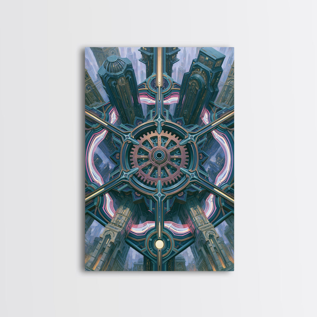 Cogwheel Mandala in Bronze and Teal Framed Canvas Print, Steampunk Art, Modern Decor, Living Room Decor, Fine Art, Mechanic, STE-2x3-24