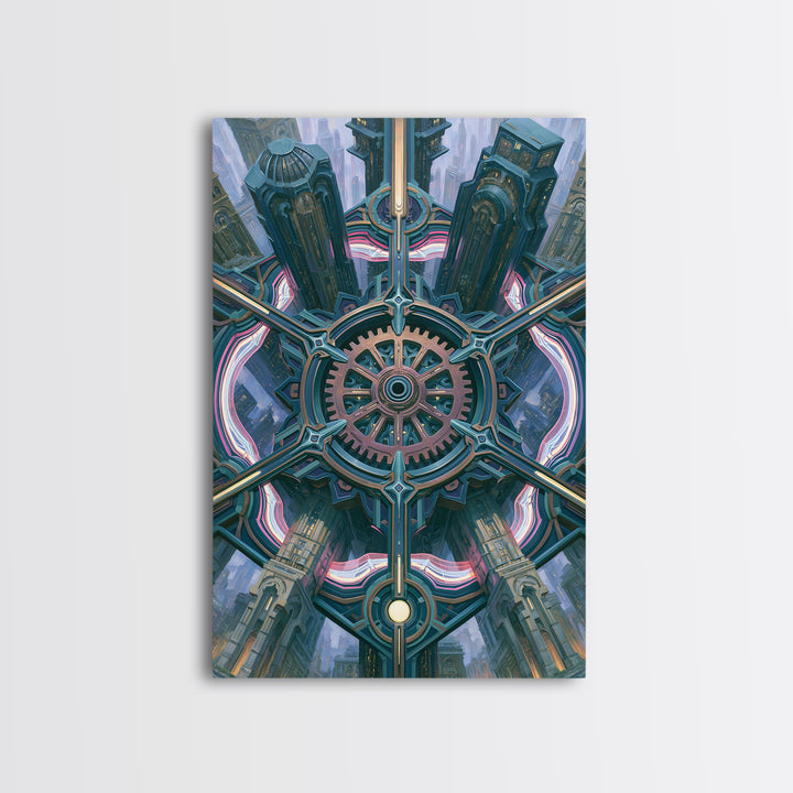 Cogwheel Mandala in Bronze and Teal Framed Canvas Print, Steampunk Art, Modern Decor, Living Room Decor, Fine Art, Mechanic, STE-2x3-24