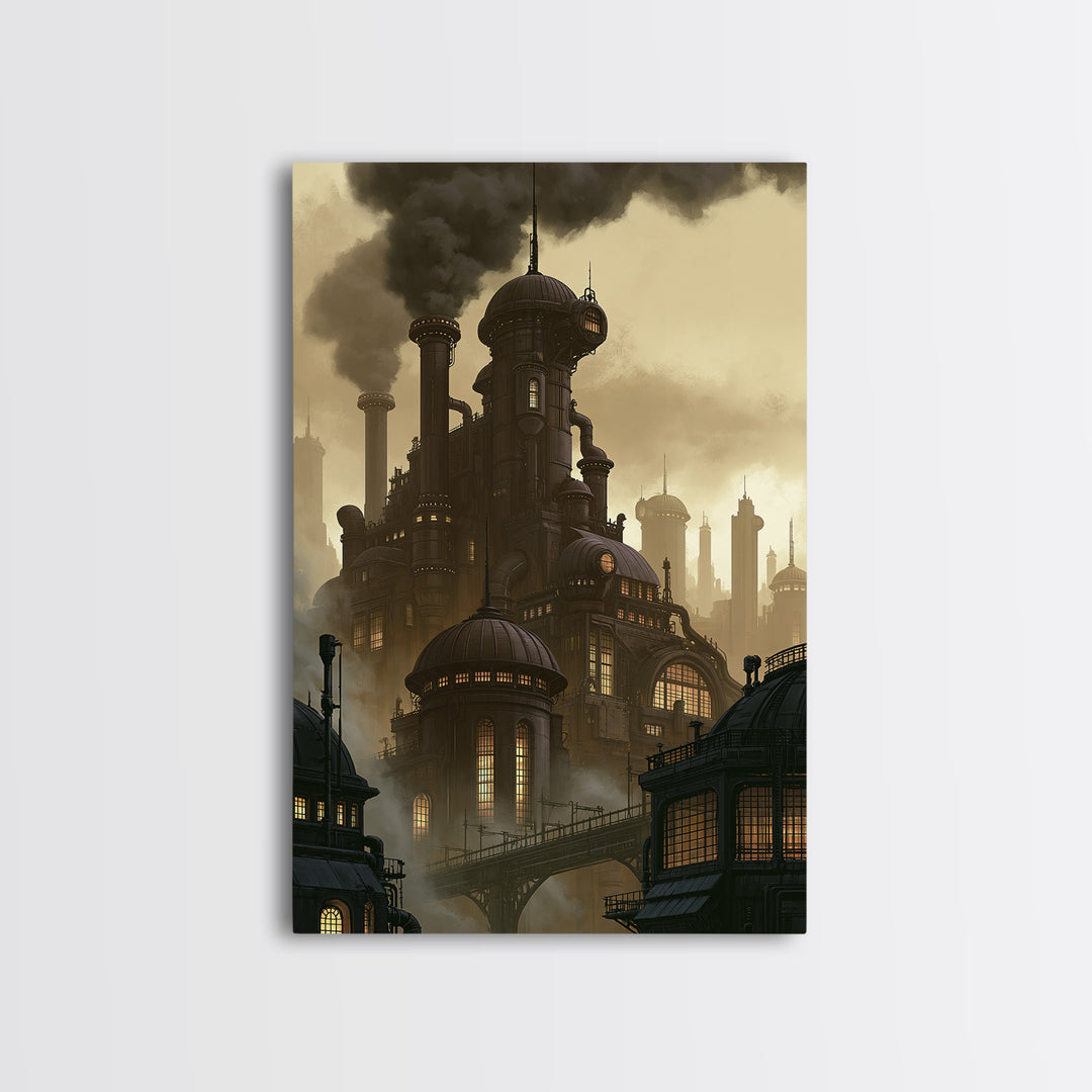 Steam Powered City Skyline Canvas Print, Steampunk Art, Original Art, Living Room Decor, Abstract Art, Mechanic, Cat Art, STE-2x3-29