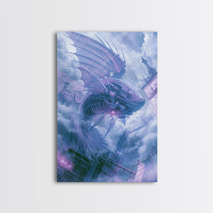Mechanical Fish Swimming Through Clouds Framed Canvas Print, Steampunk Art, Minimalist Decor, Living Room Decor, Mechanic, STE-2x3-30