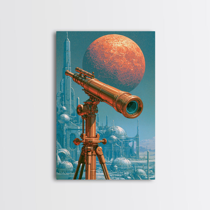 Brass Telescope Aimed at Copper Moon Canvas Print, Steampunk Art, Statement Artwork, Living Room Decor, Fine Art, Mechanic, STE-2x3-32