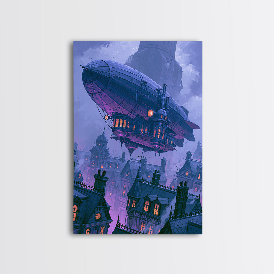 Airship Floating Above Victorian City Roofs Framed Canvas Print, Steampunk Art, Art Print, Living Room Decor, Mechanic, STE-2x3-34