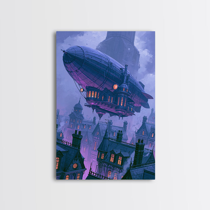 Airship Floating Above Victorian City Roofs Framed Canvas Print, Steampunk Art, Art Print, Living Room Decor, Mechanic, STE-2x3-34