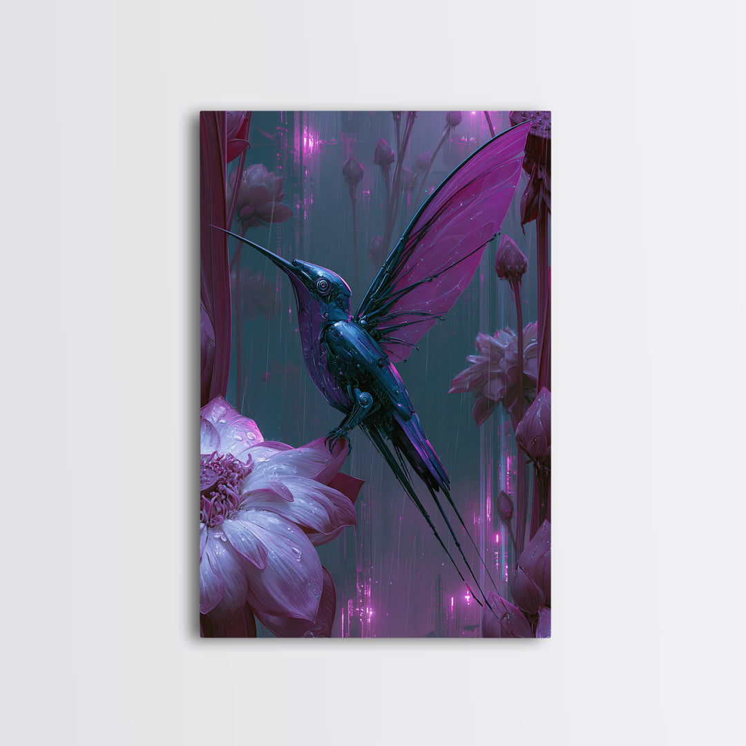 Mechanical Hummingbird Hovering Near Flower Framed Canvas Print, Steampunk Art, Canvas Art, Living Room Decor, Mechanic, STE-2x3-41