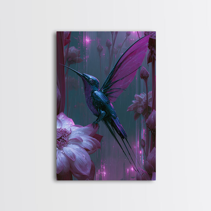 Mechanical Hummingbird Hovering Near Flower Framed Canvas Print, Steampunk Art, Canvas Art, Living Room Decor, Mechanic, STE-2x3-41