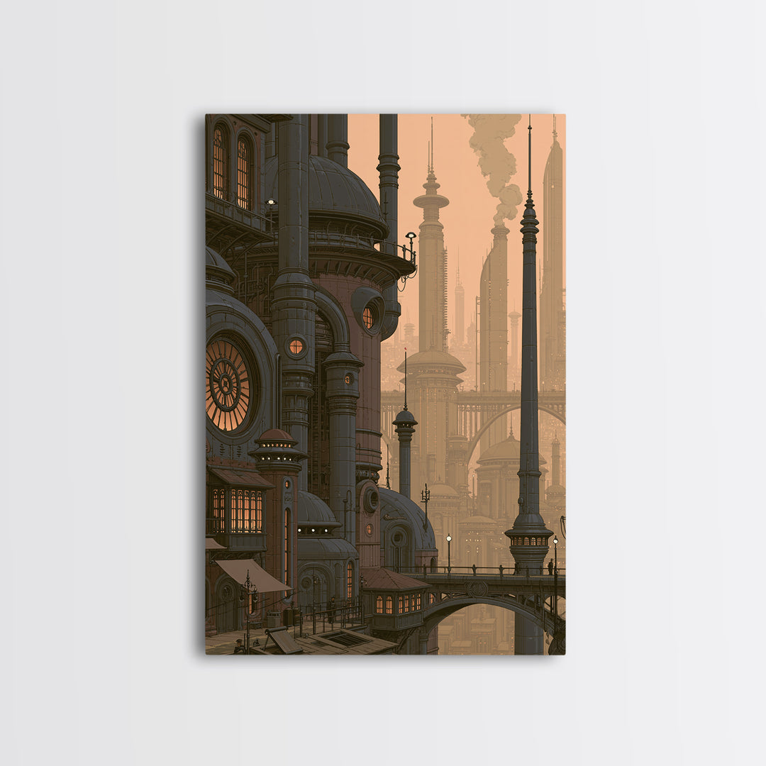 Steam Powered City Skyline Canvas Print, Steampunk Art, Original Art, Living Room Decor, Abstract Art, Mechanic, Cat Art, STE-2x3-5