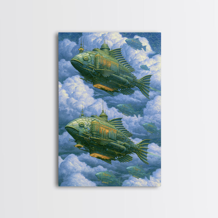 Mechanical Fish Swimming Through Clouds Canvas Print, Steampunk Art, Halloween Decor, Living Room Decor, Fine Art, Mechanic, STE-2x3-54