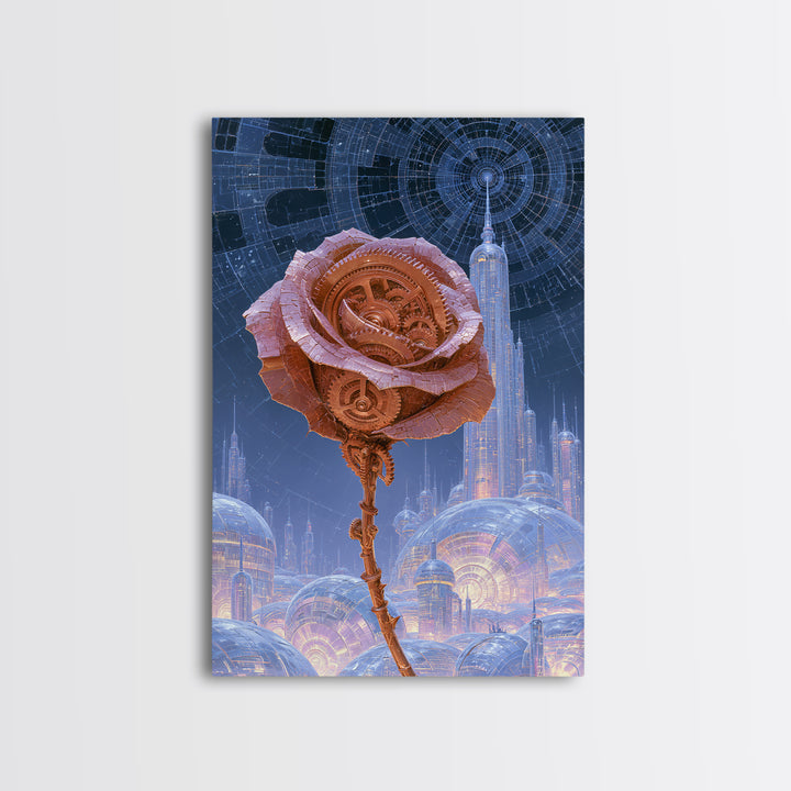 Mechanical Rose Made of Copper Gears Framed Canvas Print, Steampunk Art, Printable Art, Living Room Decor, Oil Painting, STE-2x3-59