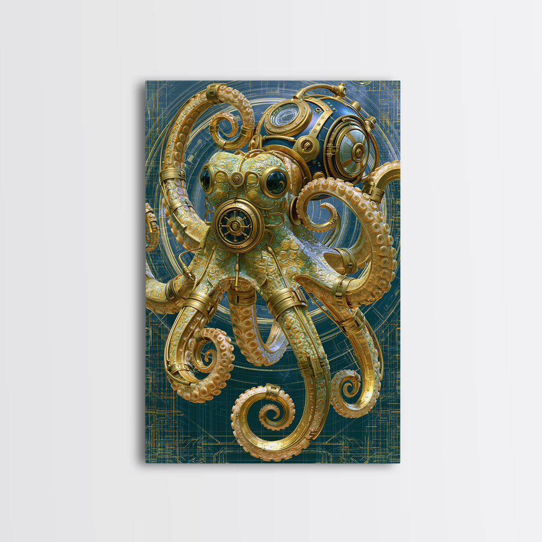 Steampunk Octopus with Brass Tentacles Canvas Print, Steampunk Art, Boho Wall Art, Living Room Decor, Fine Art, Mechanic, STE-2x3-61