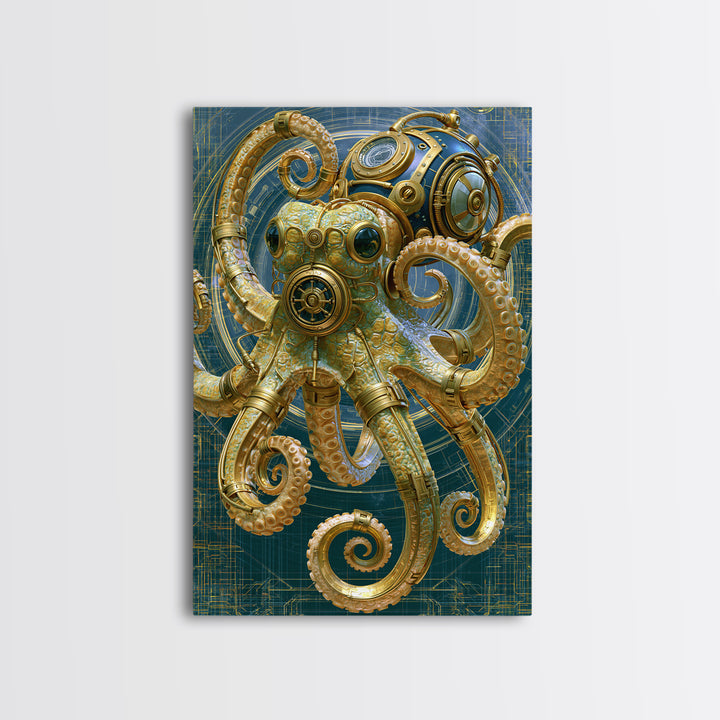 Steampunk Octopus with Brass Tentacles Canvas Print, Steampunk Art, Boho Wall Art, Living Room Decor, Fine Art, Mechanic, STE-2x3-61