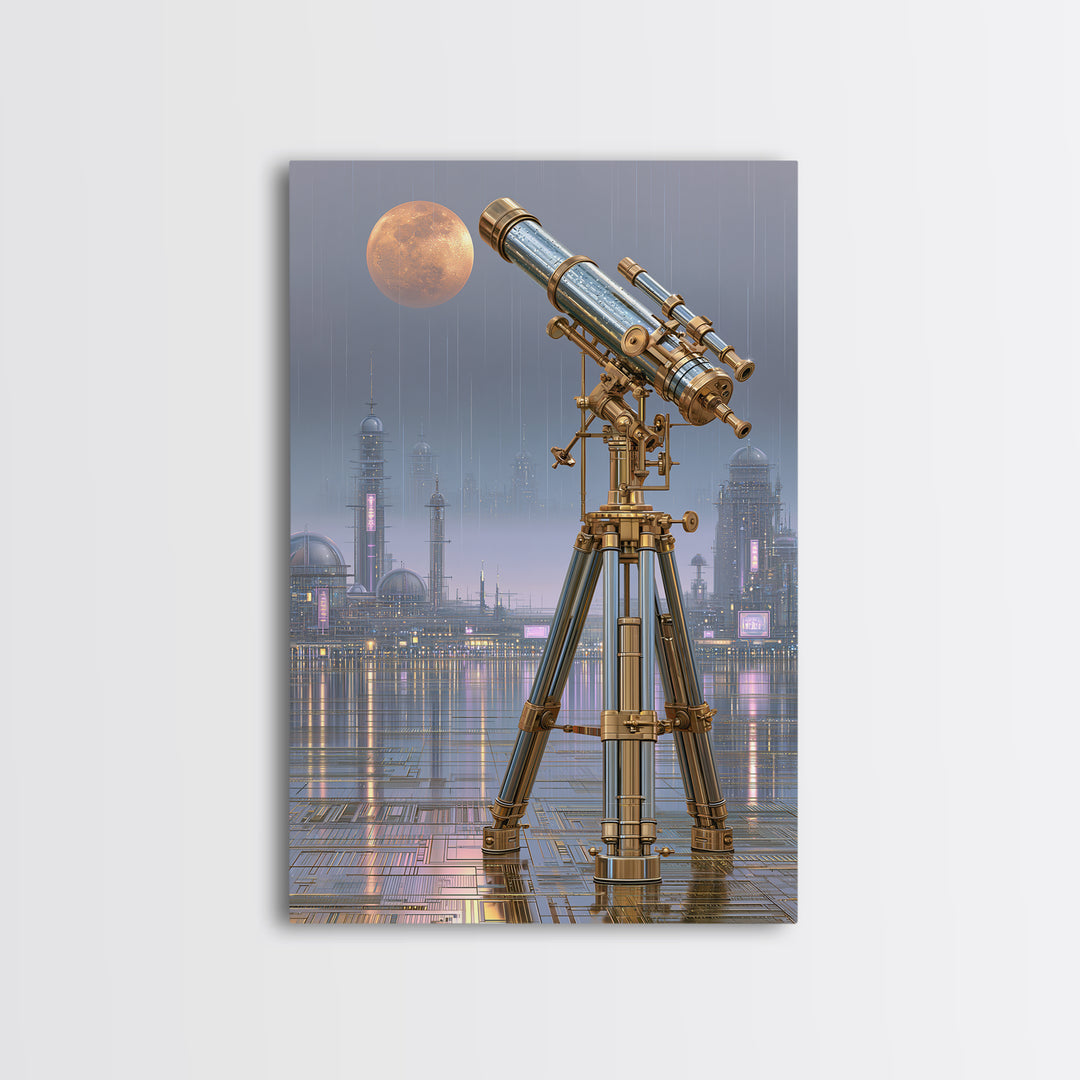 Brass Telescope Aimed at Copper Moon Framed Canvas Print, Steampunk Art, Dark Art, Living Room Decor, Oil Painting, Mechanic, STE-2x3-8