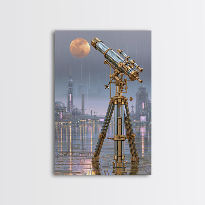Brass Telescope Aimed at Copper Moon Framed Canvas Print, Steampunk Art, Dark Art, Living Room Decor, Oil Painting, Mechanic, STE-2x3-8