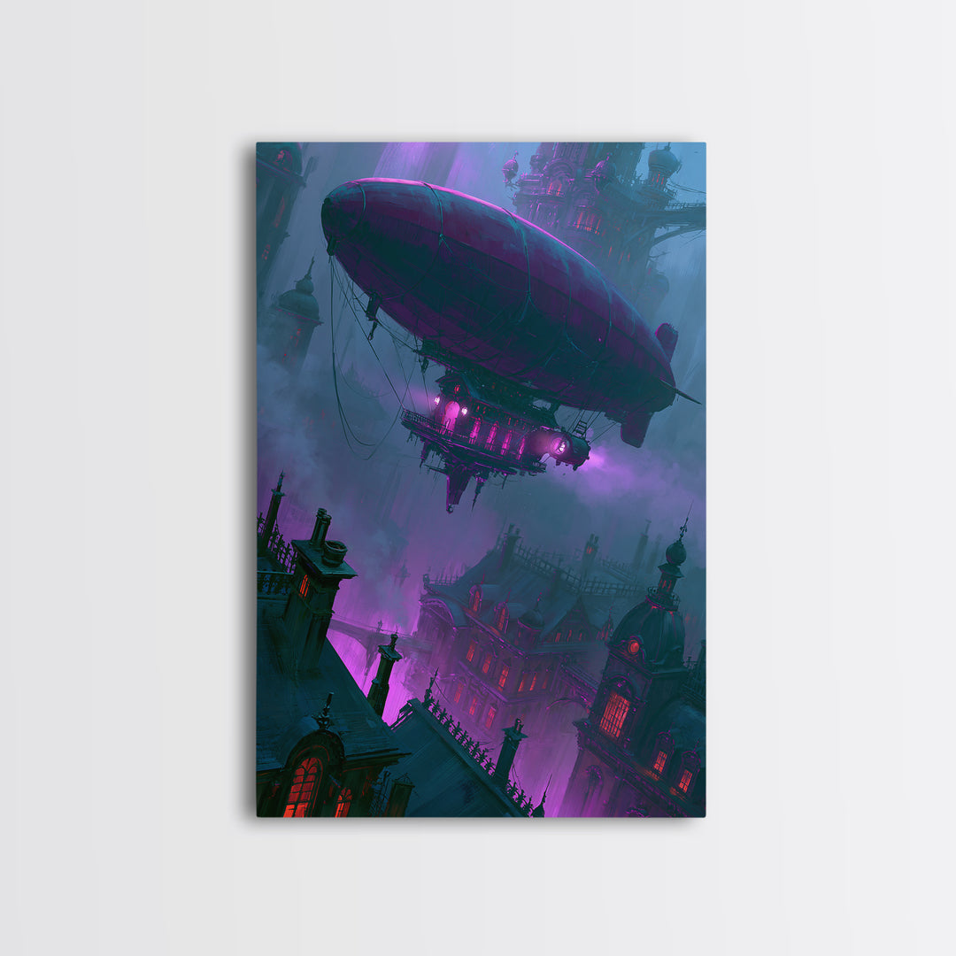 Airship Floating Above Victorian City Roofs Canvas Print, Steampunk Art, Abstract Art, Living Room Decor, Fine Art, Mechanic, STE-2x3-82