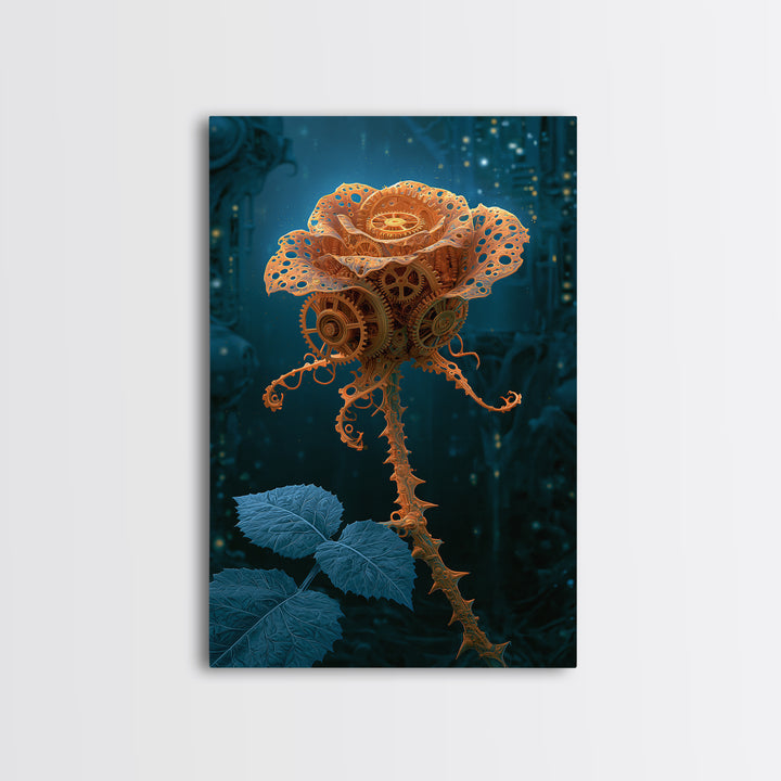 Mechanical Rose Made of Copper Gears Framed Canvas Print, Steampunk Art, Steampunk Lamp, Living Room Decor, Abstract Art, STE-2x3-83