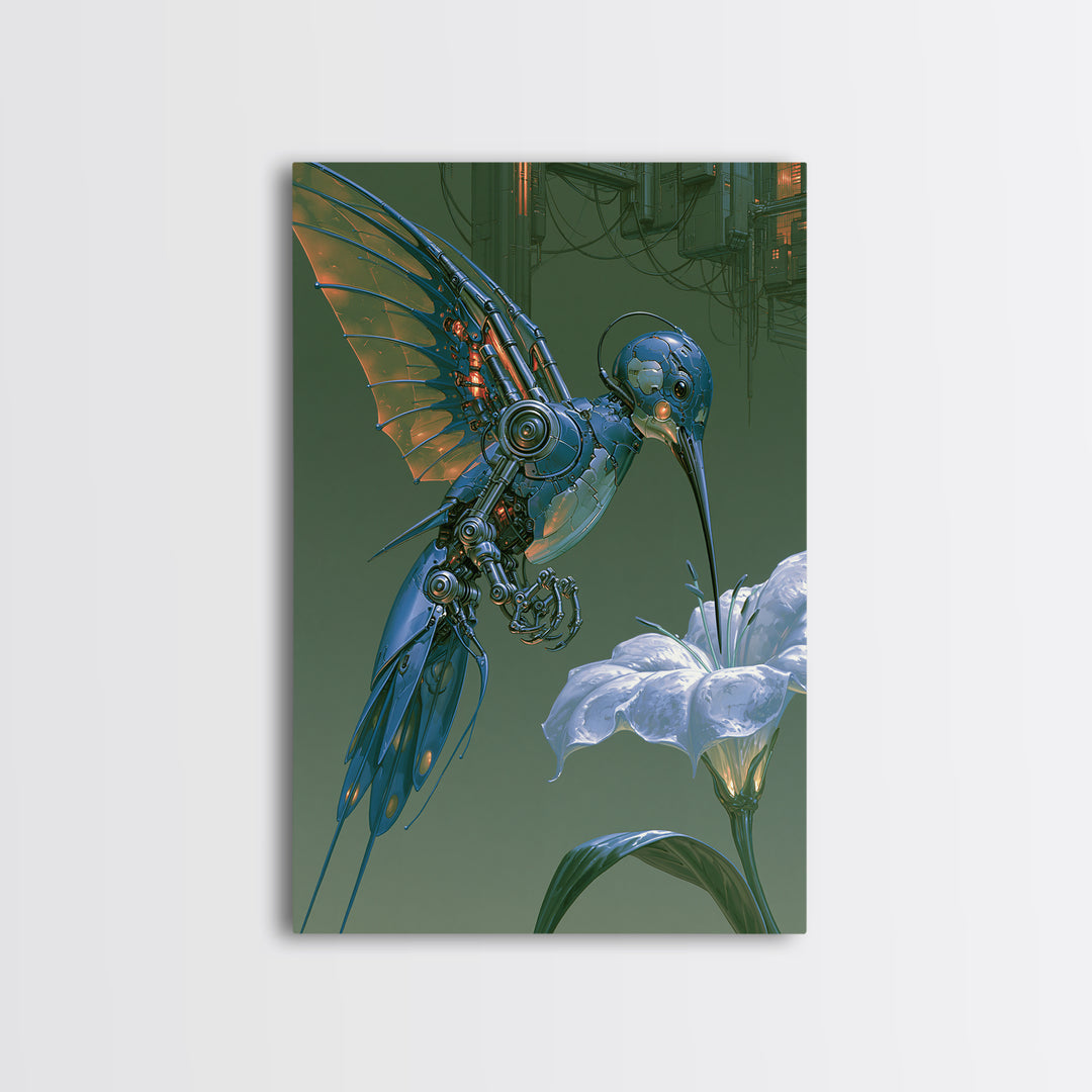 Mechanical Hummingbird Hovering Near Flower Canvas Print, Steampunk Art, Digital Download Art, Living Room Decor, Mechanic, STE-2x3-89