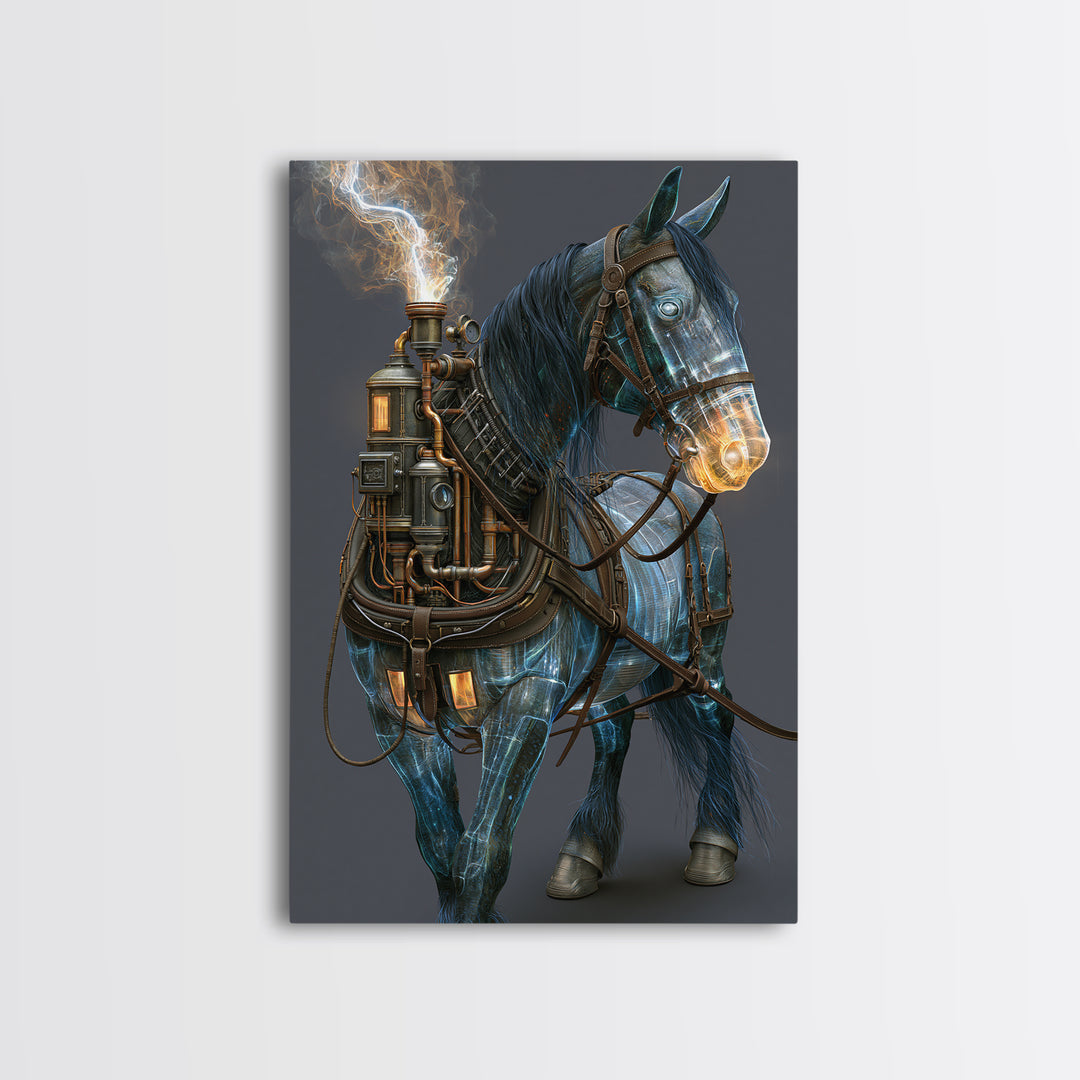 Steam Powered Horse Canvas Print, Steampunk Art, Dark Art, Living Room Decor, Oil Painting, Mechanic, Minimalist Decor, STE-2x3-95