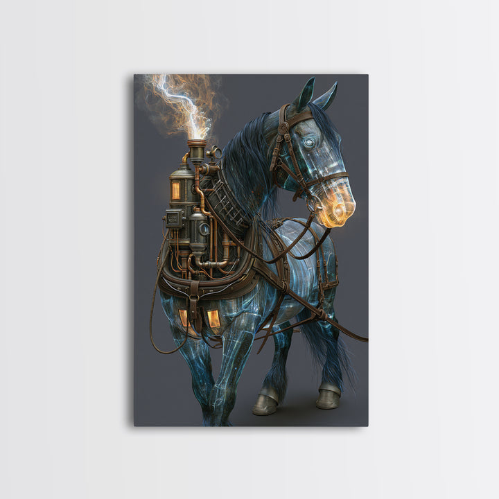 Steam Powered Horse Canvas Print, Steampunk Art, Dark Art, Living Room Decor, Oil Painting, Mechanic, Minimalist Decor, STE-2x3-95