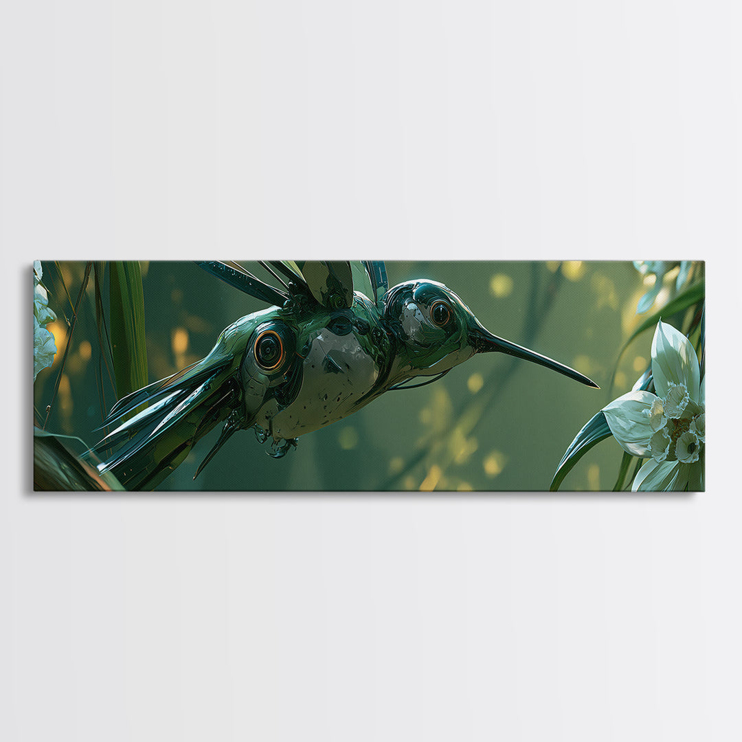 Mechanical Hummingbird Hovering Near Flower Canvas Print, Steampunk Art, Wall Art Living Room, Living Room Decor, Mechanic, STE-3x1-1