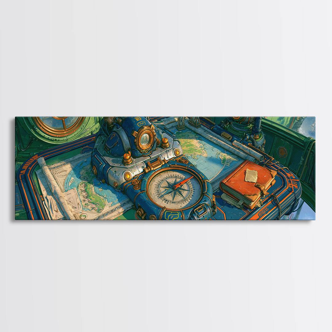 Airship Captain Map and Compass Still Life Framed Canvas Print, Steampunk Art, Digital Art, Living Room Decor, Mechanic, STE-3x1-10