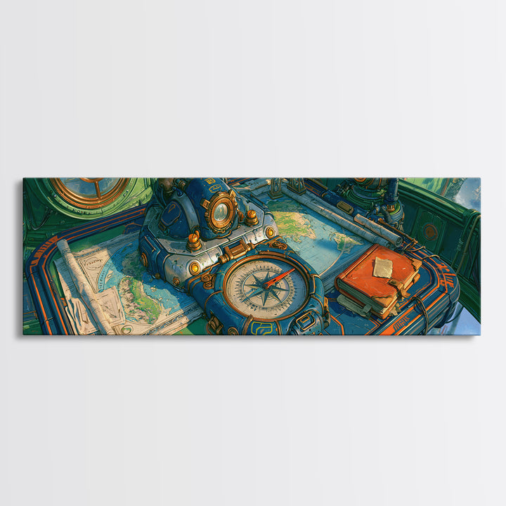 Airship Captain Map and Compass Still Life Framed Canvas Print, Steampunk Art, Digital Art, Living Room Decor, Mechanic, STE-3x1-10