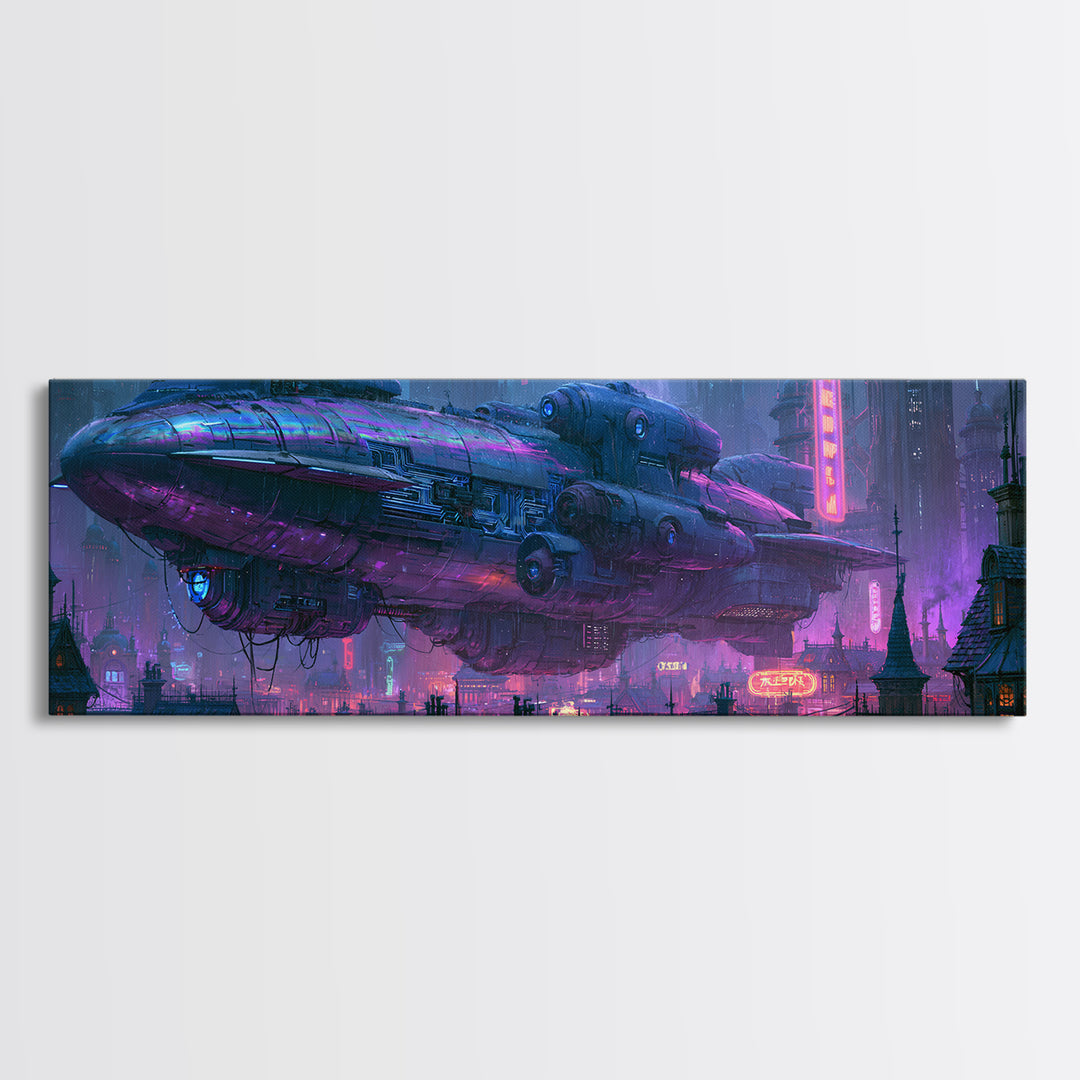 Airship Floating Above Victorian City Roofs Framed Canvas Print, Steampunk Art, Digital Print, Living Room Decor, Mechanic, STE-3x1-18